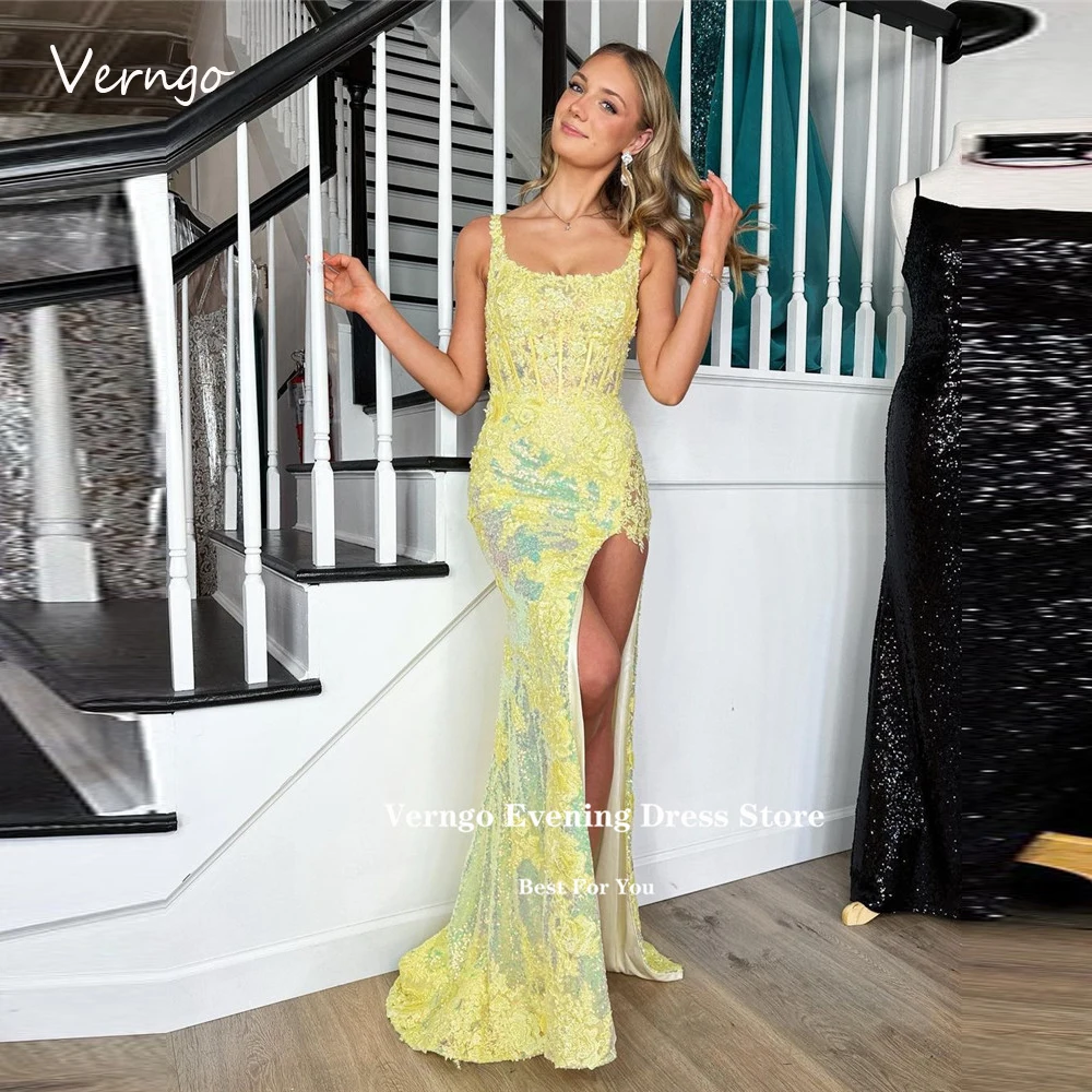 Verngo Chic Lace Applique Yellow Mermaid Evening Dresses Straps Square Neck Split Party Dress Elegant Long Prom Gowns 2023
Verngo Chic Lace Applique Yellow Mermaid Evening Dresses Straps Square Neck Split Party Dress Elegant Long Prom Gowns 2023