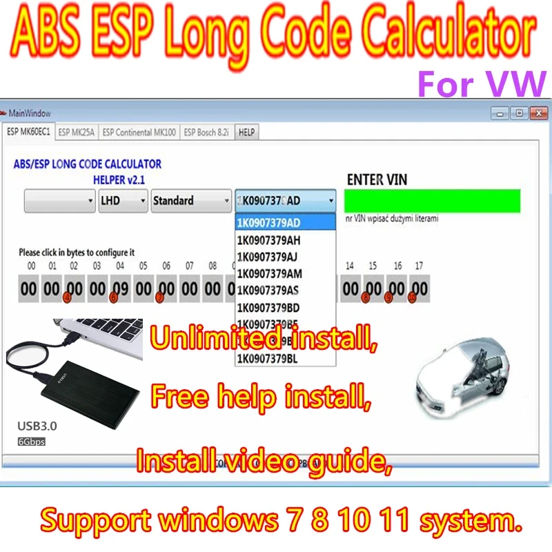 

2023 hot sell for VW ABS ESP Long Code Calculator Helper MK60EC1 for VW abs esp software+ install video guide + free help instal