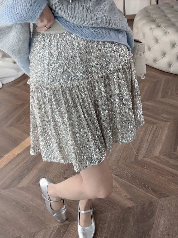

Женская многослойная мини-юбка с оборками, привлекательная мини-юбка с серебристыми блестками и оборками по краям со средней посадкой, Клубная одежда для весны и лета 2024
