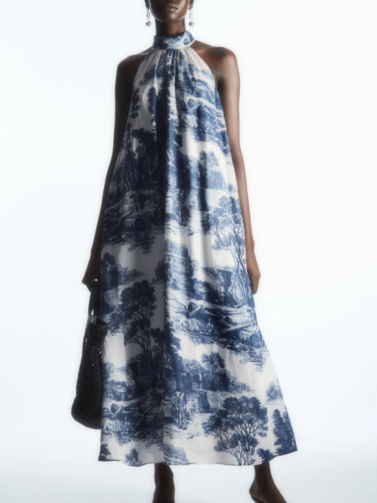 Women's Summer New Oil Painting Printing Hanging Neck Collar Sleeveless Mid-length Dress Casual A-line Linen Printing Dress
Women's Summer New Oil Painting Printing Hanging Neck Collar Sleeveless Mid-length Dress Casual A-line Linen Printing Dress