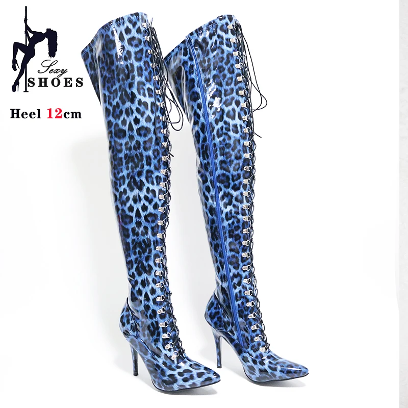 

Женские сапоги выше колена с леопардовым принтом, сапоги до бедра на высоком каблуке 12 см, 13 см, весенние кожаные сапоги для зачистки, 2024