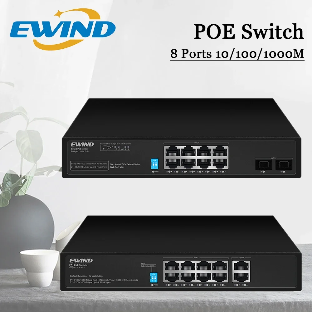 

EWIND POE Switch 8 Ports 10/100/1000Mbps Ethernet Switch with 2 1000M Uplink Ports Network Smart Switch,for home NVR cameras