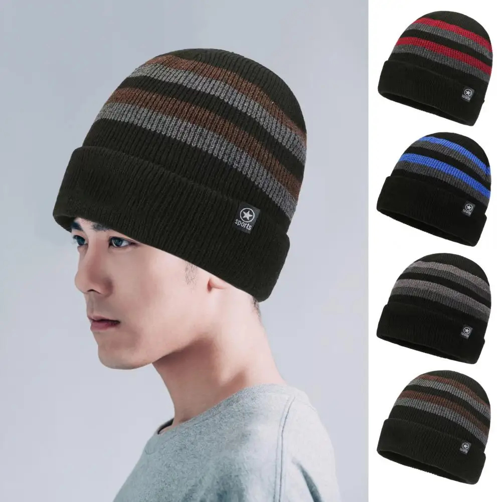 

Winter Knitted Hat Striped Color Matching Thick Elastic Warm Hat Windproof Cold Resistant Men Outdoor Skiing Cap Beanie