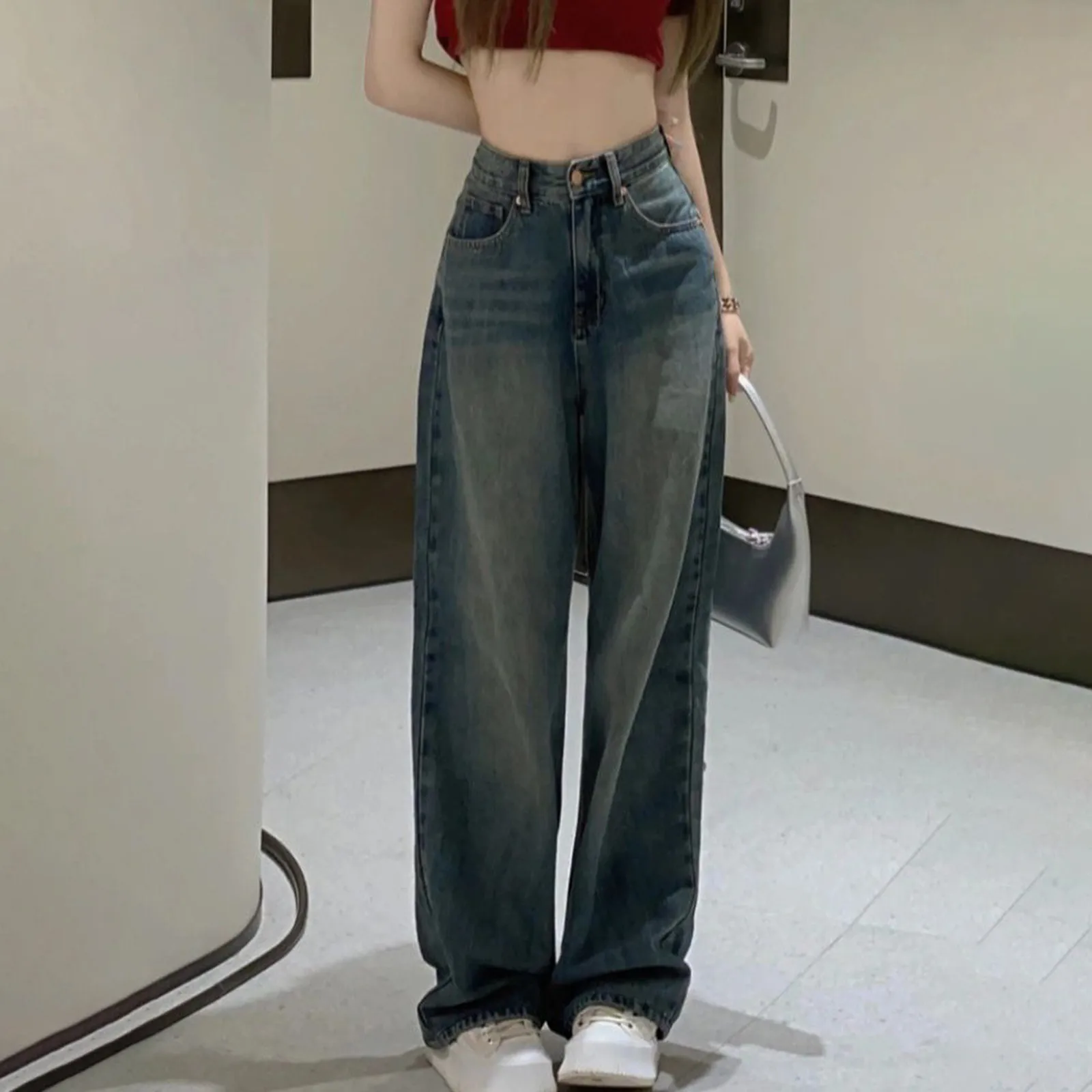 

Y2k Women Vintage Streetwear Korean Baggy Blue Jeans High Waist Straight Wide Leg Pants Denim Trousers Fairy Grunge Alt Clothes
