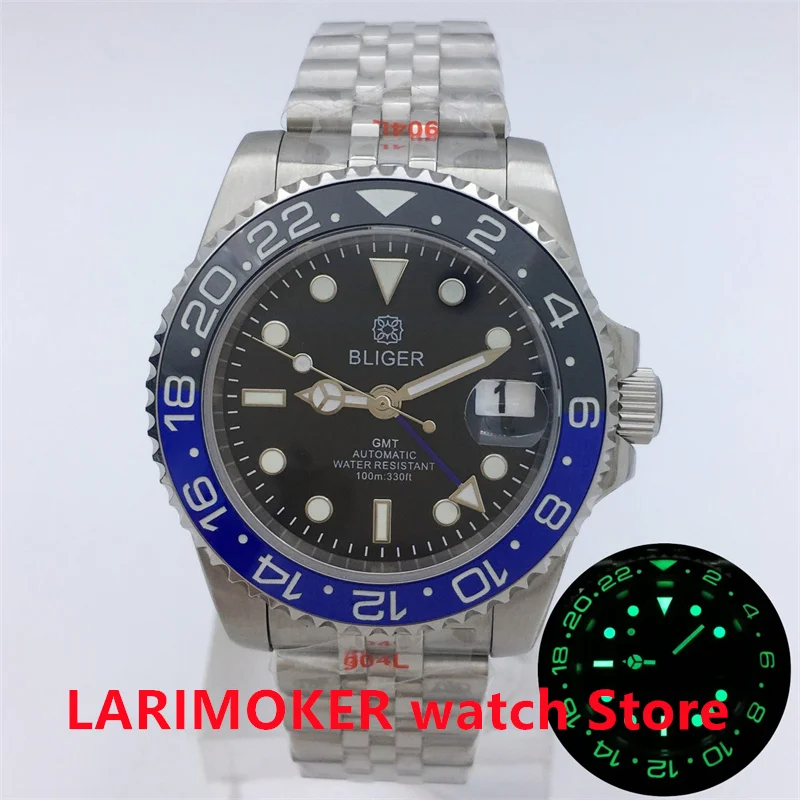 

BLIGER Japan NH34 GMT Automatic Mechanical 40mm Luxury men's watch Sapphire luminous bezel dial black dial Oyster/Jubilee strap