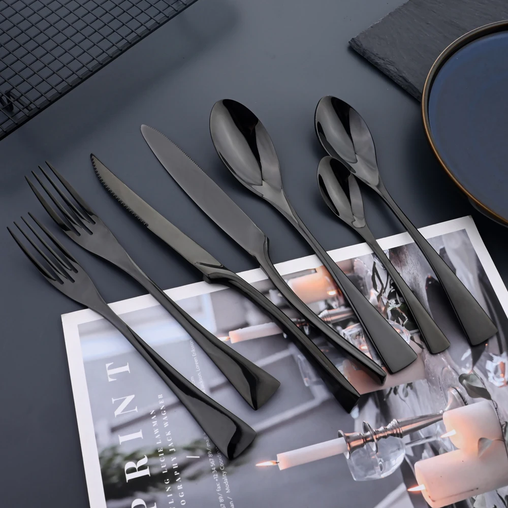 

Zoseil 7Pcs/Set Dinnerware Cutlery Set Wester Knife Dessert Fork Spoon Fork Mirror Black 304 Stainless Steel Flatware Silverware