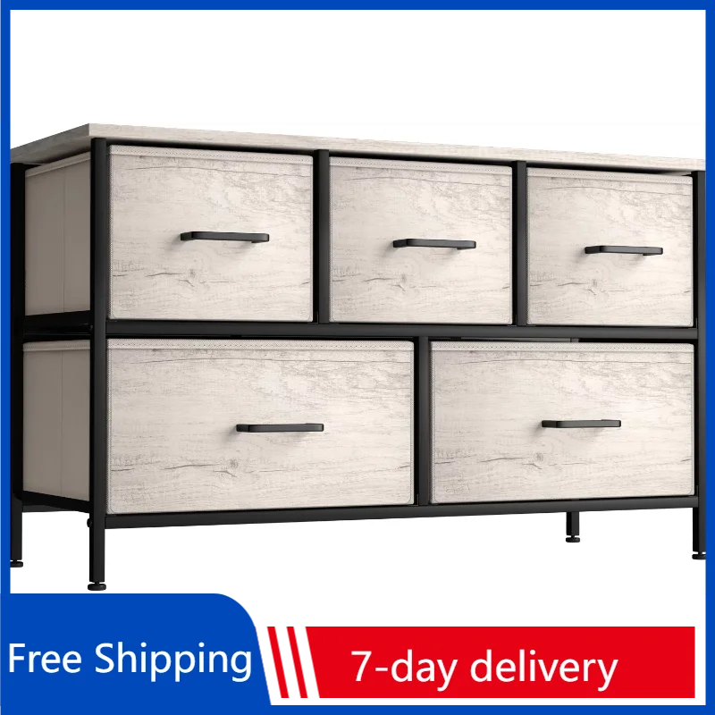 

Sivan Home Décor Dresser with 5 Fabric Bin Drawers - Versatile for Bedroom Storage and/or TV Stand Riser (Faux Wood - Greige)