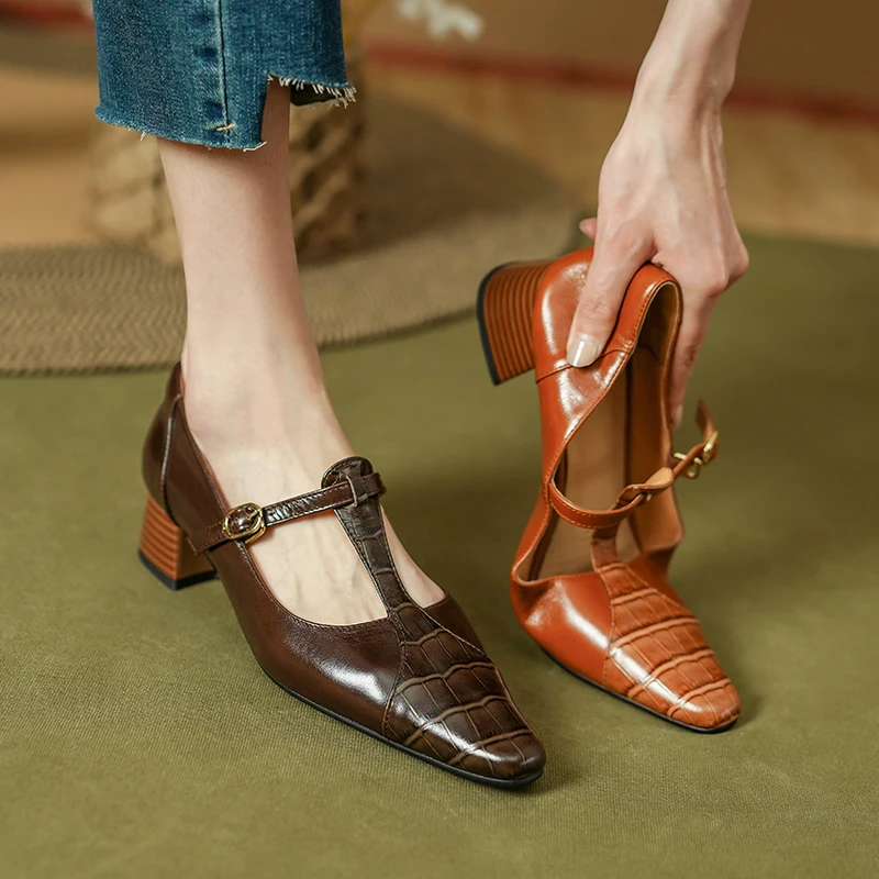 

Women's 2024 Shoes Retro Cozy Med heels Spring Autumn Buckle Pumps Korea Simple Shoes On Heel 5 CM French Style Cowhide Pumps