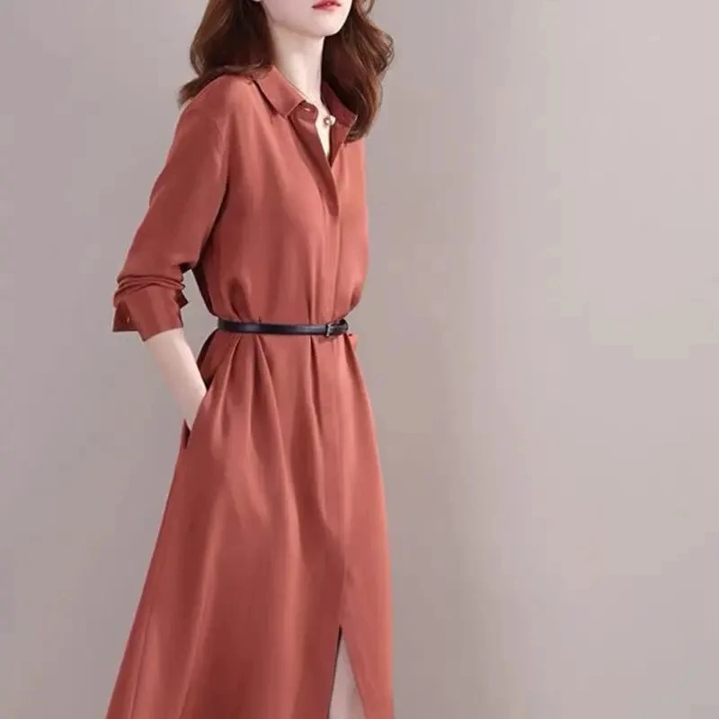 

2024 Summer New Women's Long Sleeve Dress Simple Solid Color Polo Neck Fashion Joker Waist Loose Shirt Button Fashion Slim Dress