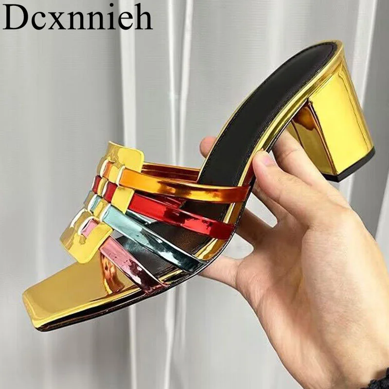 

Color Patent Leather One Strap Chunky Heel Slippers Women's Square Toe Open Toe Sandals Summer Outdoor Vacation Dress Shoes