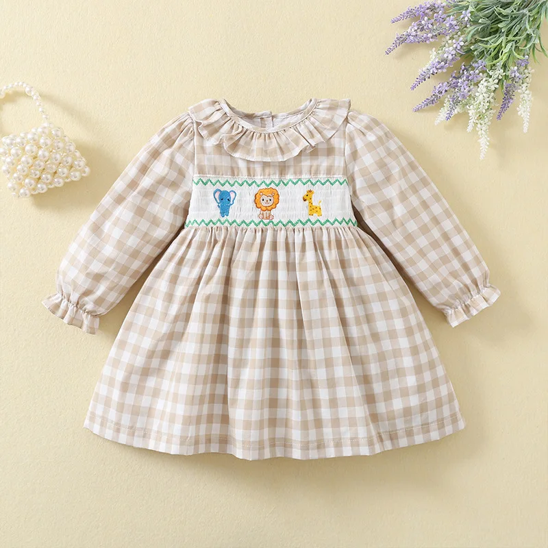 

Autumn Smocked Dresses for Girls Boutiques Long Sleeve Clothes Children Handmade Embroidery Kids Smocking Plaid Princess Dress