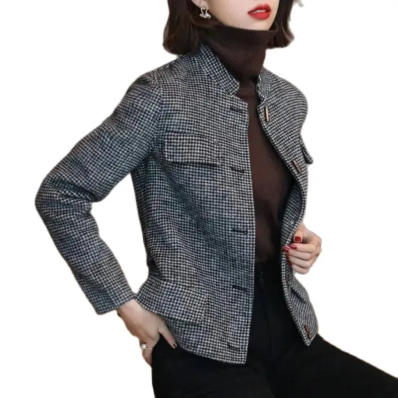 

High-End Fashion Plaid Woolen Jacket Women's 2023 Spring New Stand-Up Collar Jacket Temperament Single-Breasted Ladies' Coat