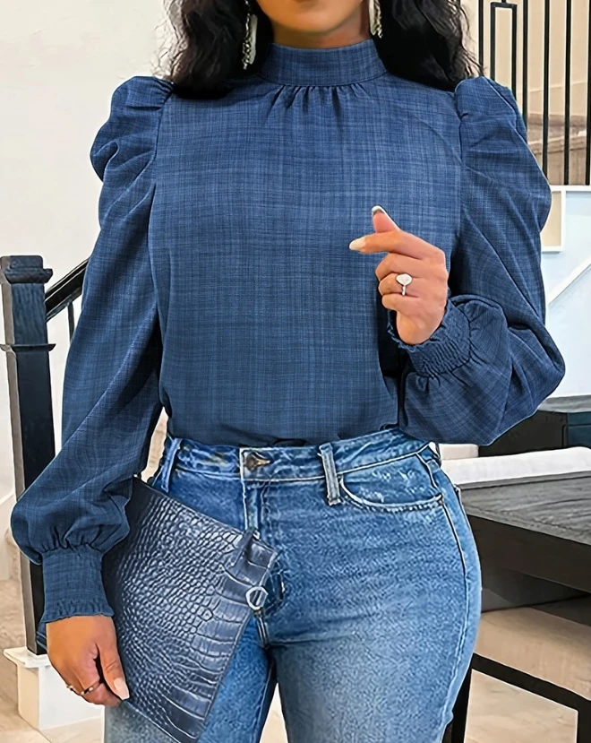 

Women's Elegant Blouses 2023 New Fashion Mock Neck Shirred Puff Sleeve Work Top Temperament Commuting Female Casual Clothing