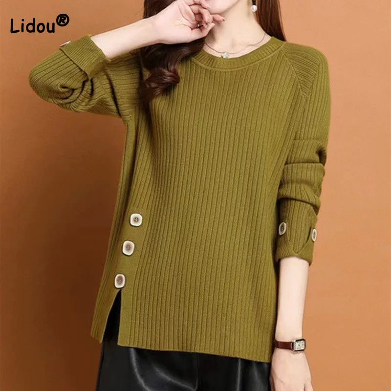 

Autumn Winter All-match Commute Women's Button Spliced Sweaters Simplicity Fashion Long Sleeve Solid Color Knitted Pullovers