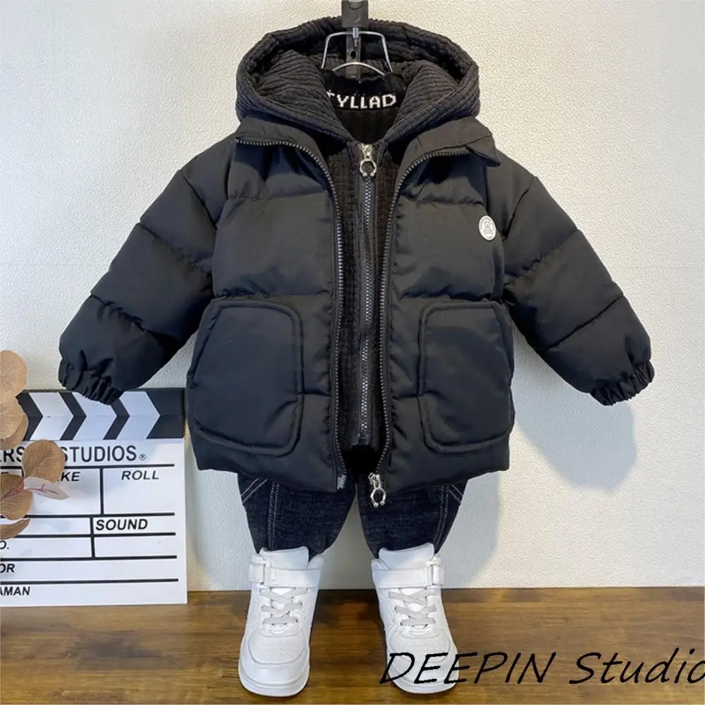 

-30℃ Winter Boys Cotton Jacket Fake 2pcs 2024 Baby Fashion Casual Black Coat Multi Functional Pocket Zipper Thicken Bread Clothe