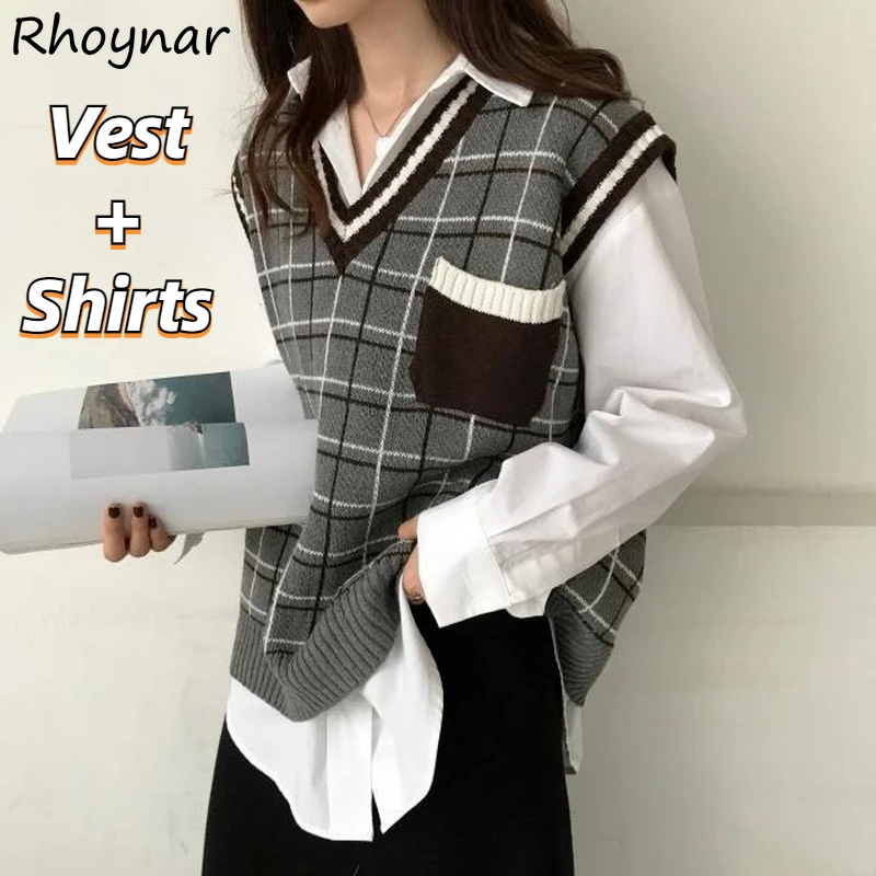 

Sets Women Korean Preppy Style Knitted Plaid Loose Harajuku Retros Pockets College Leisure BF Teens Couples Shirts All-match Ins