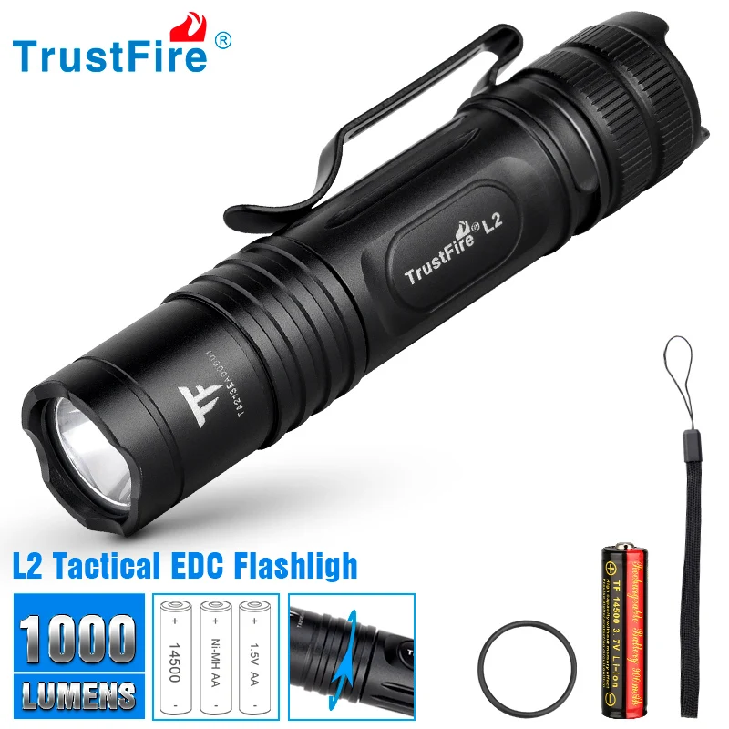 

Trustfire L2 Tactical Led Flashlights XP-L HD 1000 Lumen 2 Mode IPX8 Powerful Powered By 14500 AA Battery Pocket Work Light