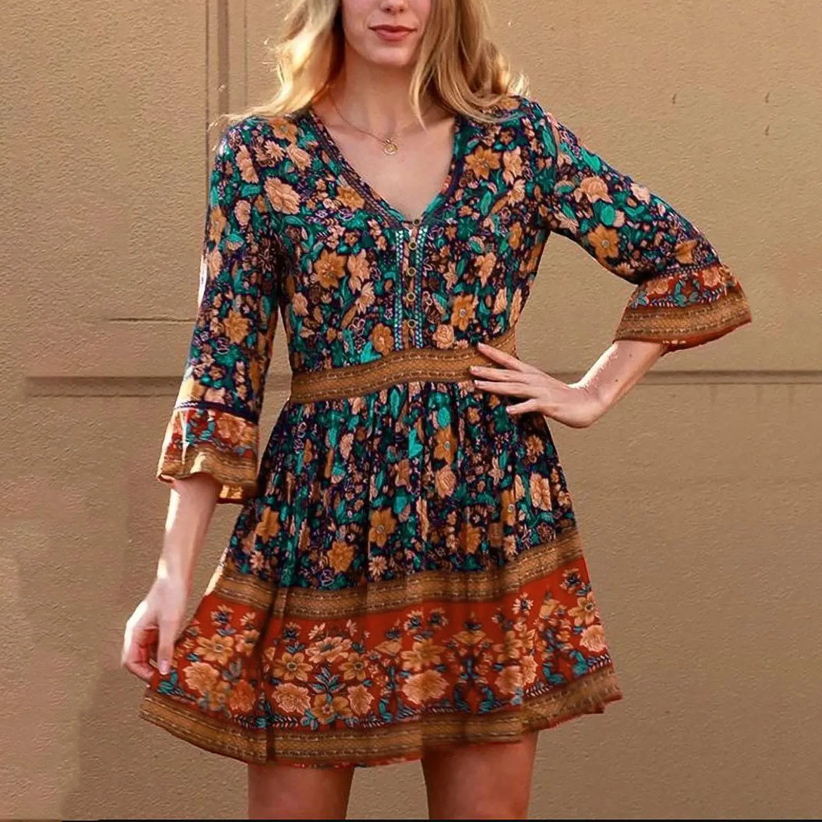 Women Casual Loose Dresses Vintage V Neck Floral Print Mini Dress Ladies Bohemian Beach Seven Quarter Flare Sleeve Dresses
Women Casual Loose Dresses Vintage V Neck Floral Print Mini Dress Ladies Bohemian Beach Seven Quarter Flare Sleeve Dresses