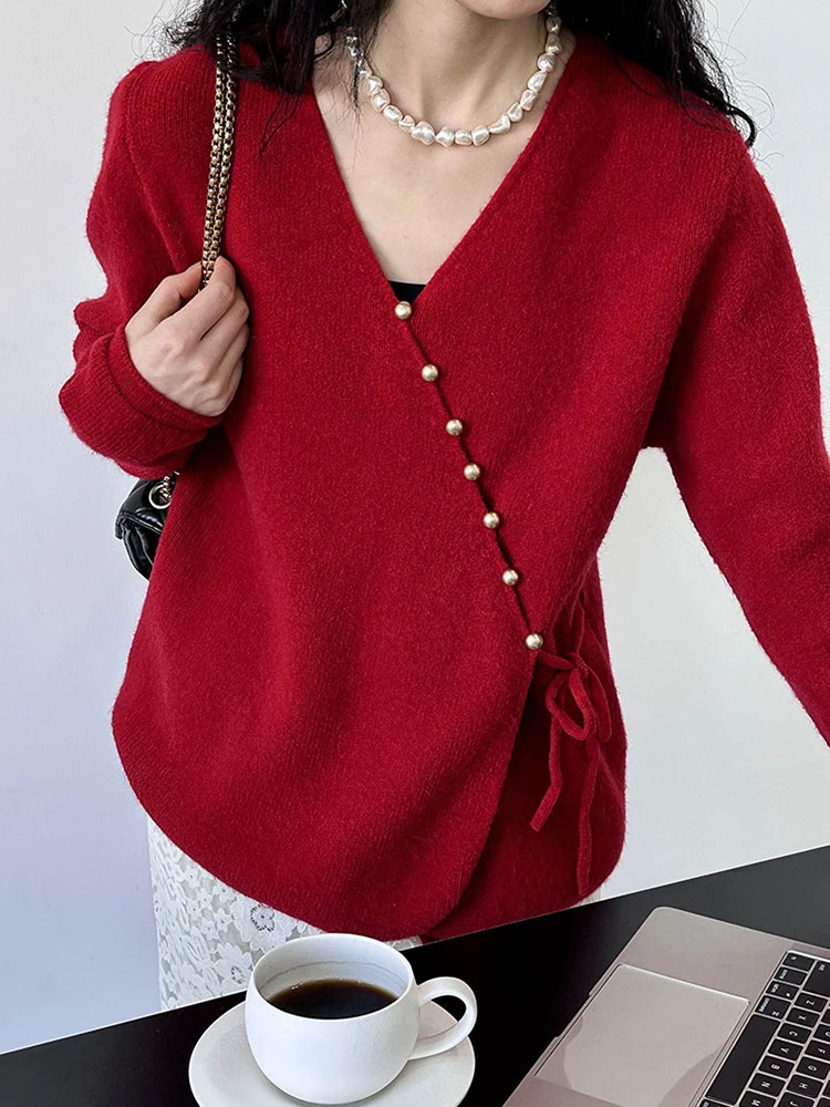 

QOERLIN Skew Single-Breasted Lace-Up Sweater Women Cardigans V Neck Long Sleeve Korean Fashion Tops Knit Office Ladies Knitwear