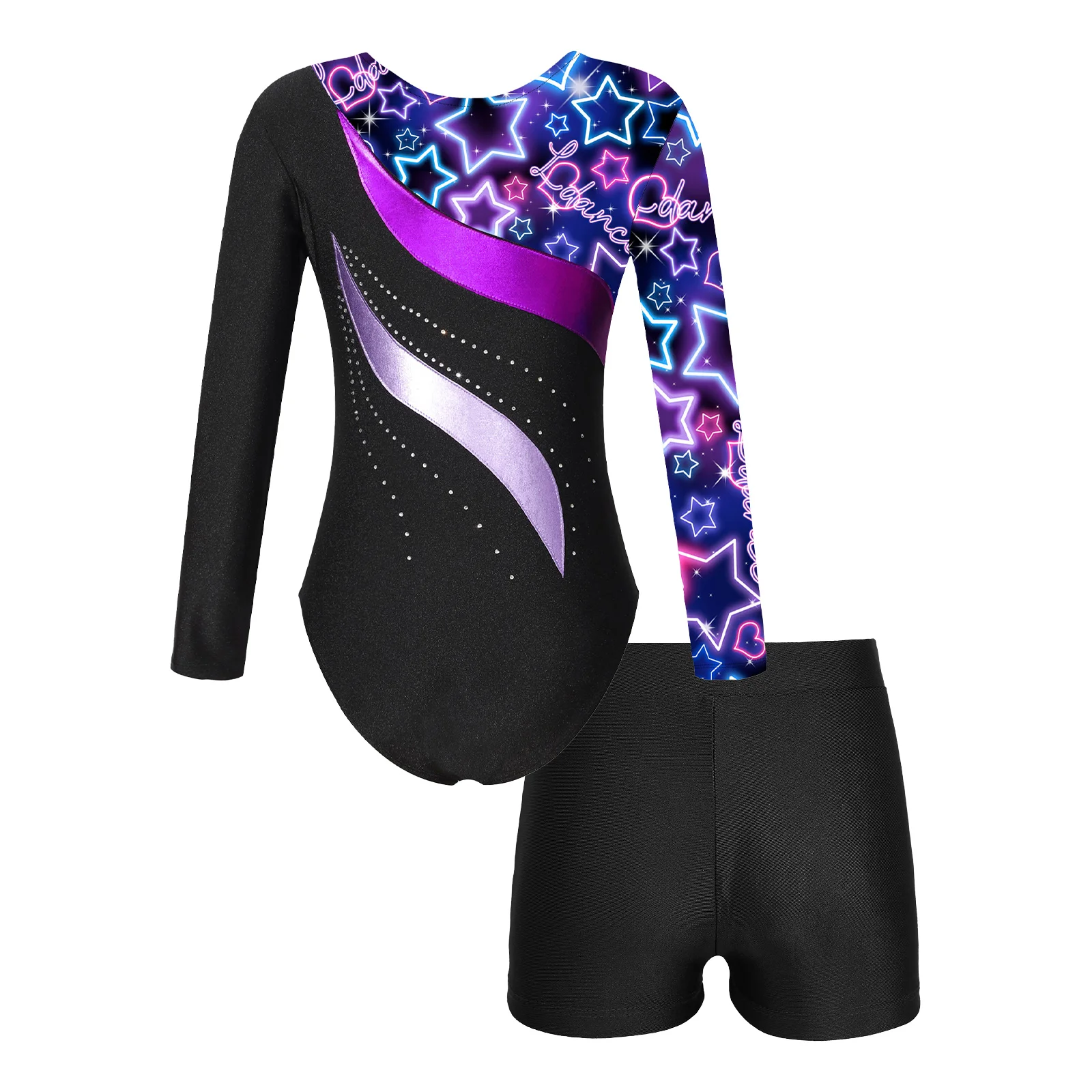 

Kids Girls Long Sleeve Gymnastics Leotard Ballet Dance Costume Figure Skating Leotards Bodysuit with Shorts Ballet Dance Outfit