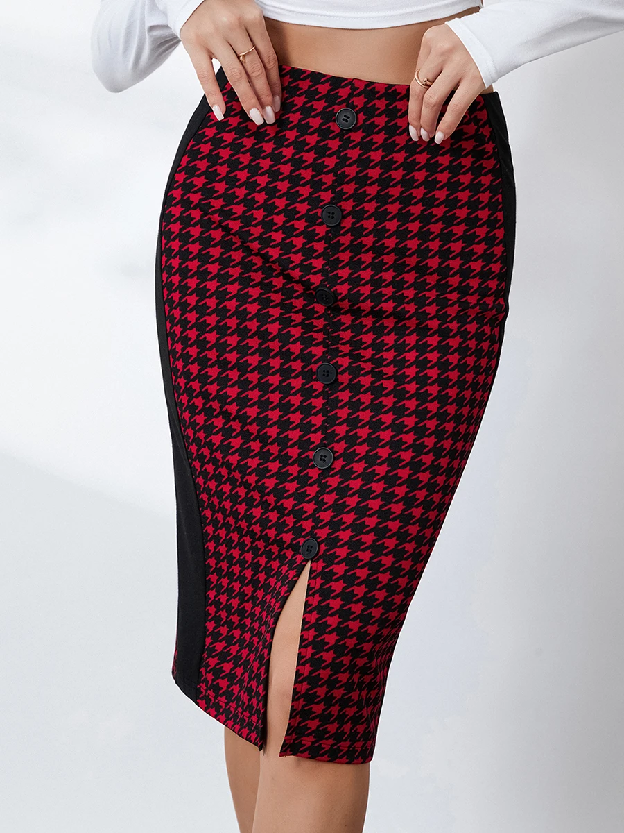 

Women s Elegant Midi Skirt Houndstooth Print High Waist Slit Hem Pencil Skirt for Work Party