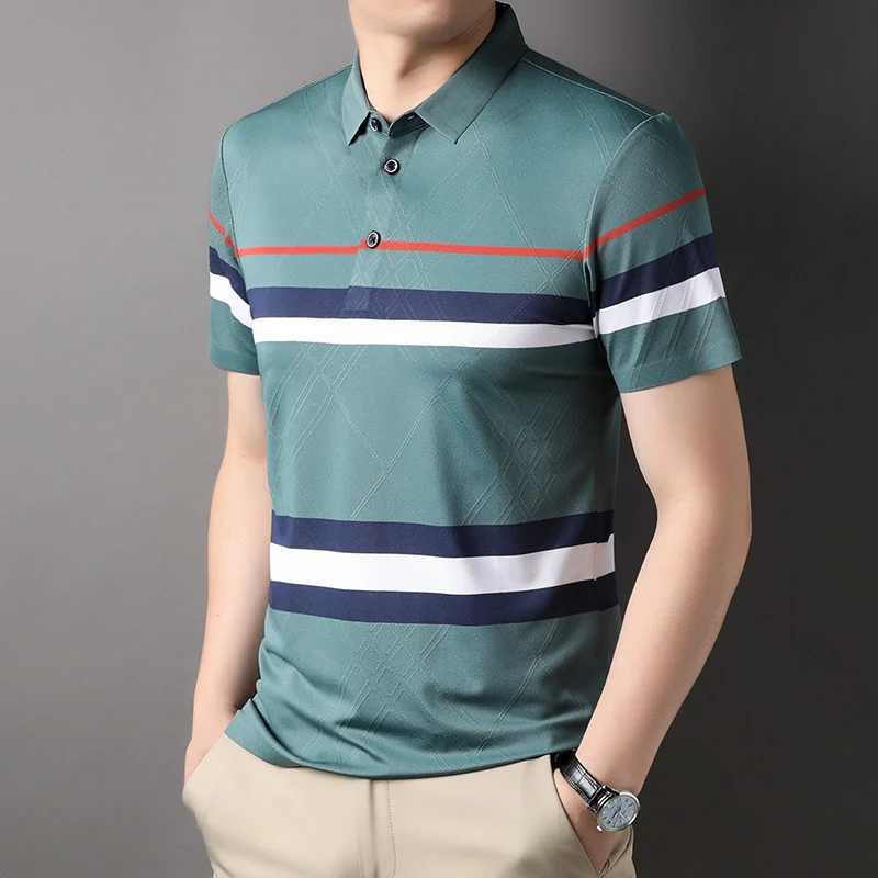 

2023 New Summer Men's Casual Classic khaki Striped Short Sleeve Polo Shirts Fashion Contrast Color Half No Trace Slim Fit Polos