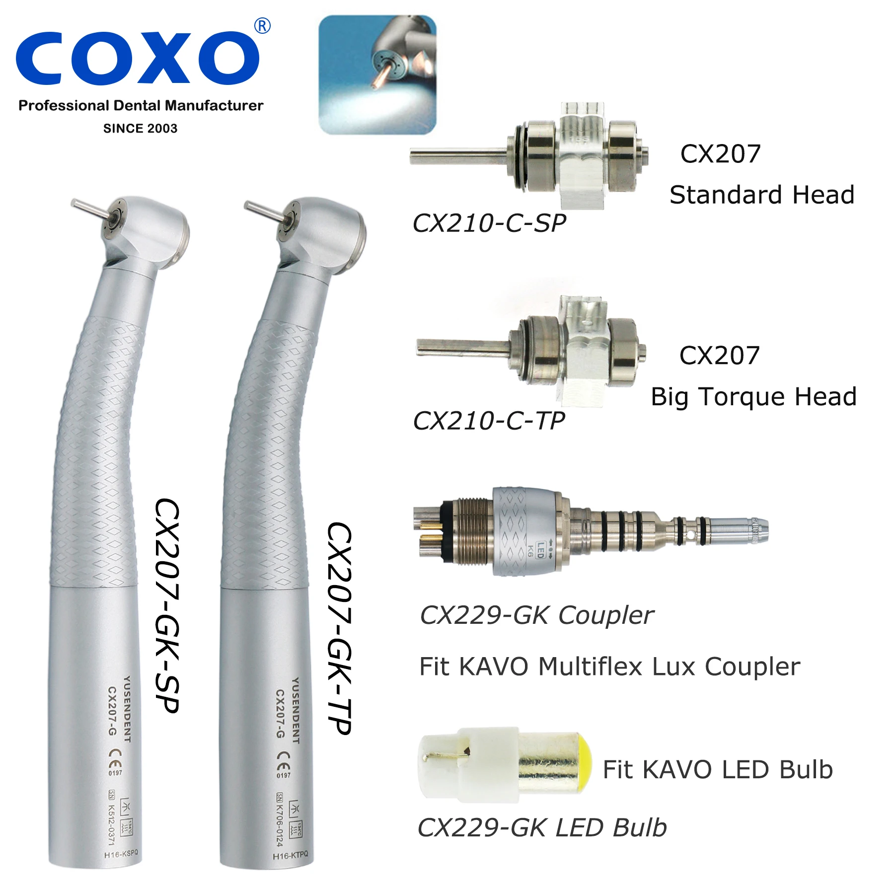 

COXO Dental LED Fiber Optic High Speed Air Turbine Standard Head Handpiece Fit KAVO Coupler 6Holes CX207-GK-SP/TP