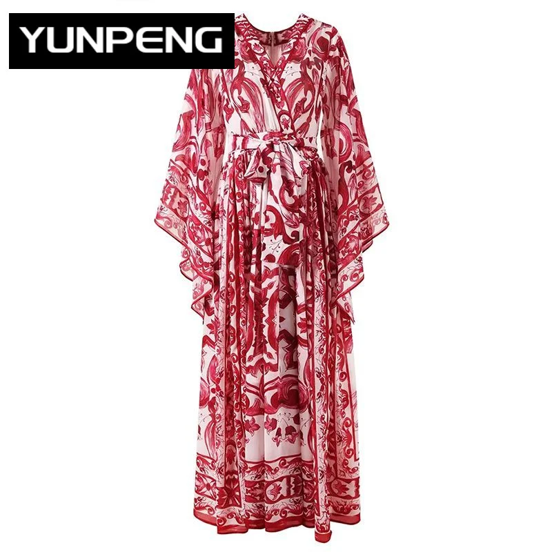 Summer Maxie Dress Women V-Neck Flare Sleeve Flowers Print Belt Bohemian Floor-Length Dresses For Women 2023 Runway Luxury Brand
Summer Maxie Dress Women V-Neck Flare Sleeve Flowers Print Belt Bohemian Floor-Length Dresses For Women 2023 Runway Luxury Brand