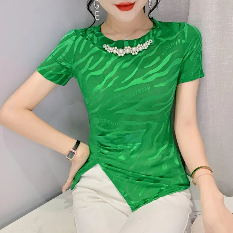 #7387 Sexy Mesh T Shirt Women Round Neck Pearls Chain Irregular T-shirt Short Sleeve Office Tshirt Thin Elastic Women's T-shirt
#7387 Sexy Mesh T Shirt Women Round Neck Pearls Chain Irregular T-shirt Short Sleeve Office Tshirt Thin Elastic Women's T-shirt