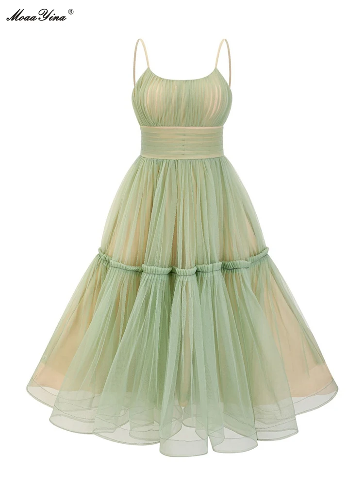 

Модные Дизайнерские летние женские платья MoaaYina, платье с круглым вырезом и складками, однотонное зеленое платье на бретелях-спагетти, яркое платье в стиле ампир