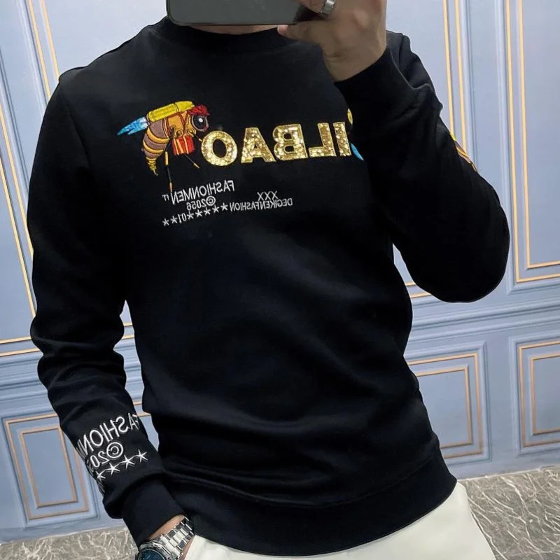 

Alphabet Sequins Shiny Sweatshirts Men High Quality Fall Bee Pattern Embroidery Mens Long Sleeve Sweater Sweat Homme Black White