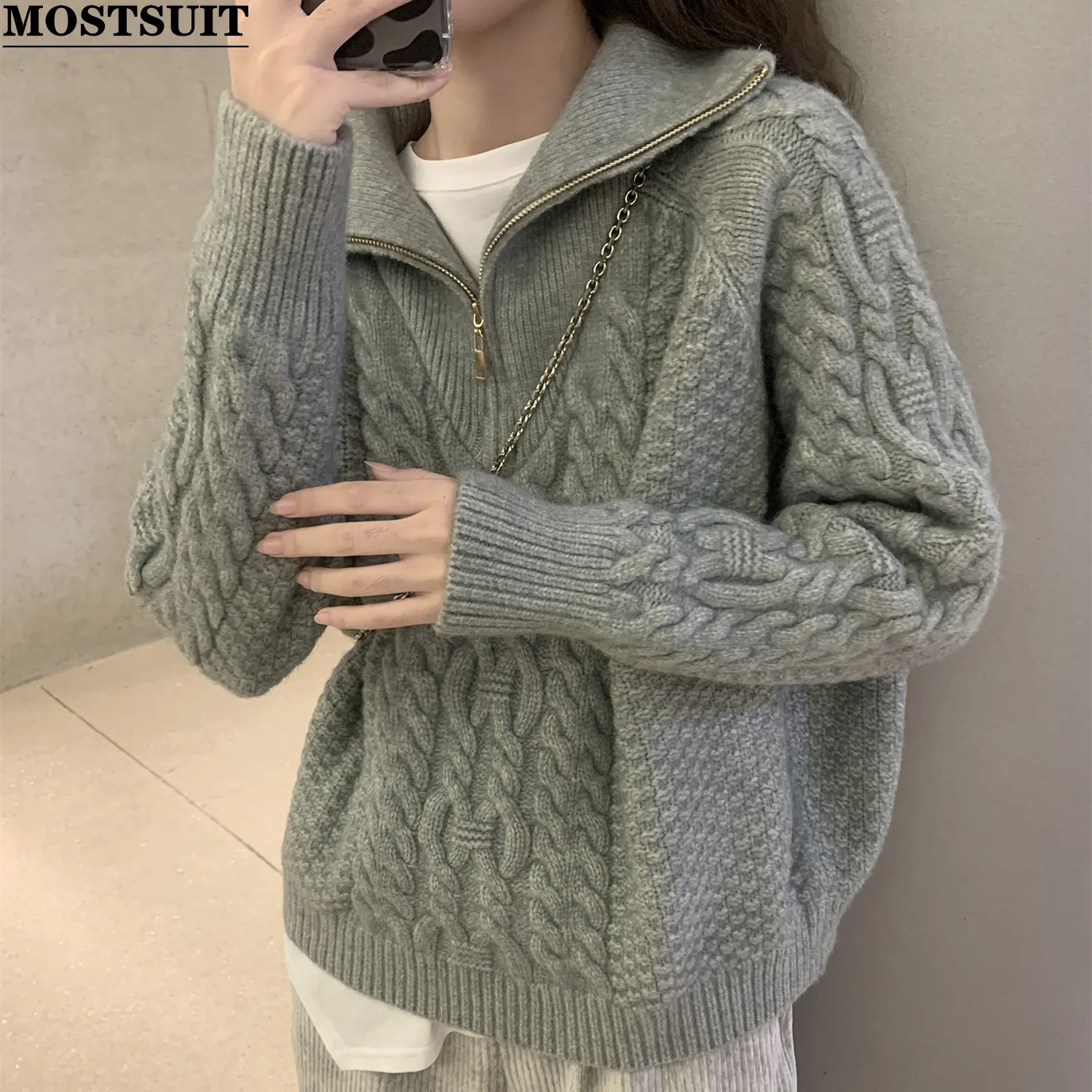 

Twisted Knitted Zip-up Women's Sweater Pullover 2022 Autumn Winter Thick Solid Loose Korean Fashion Ladies Jumpers Tops Femme