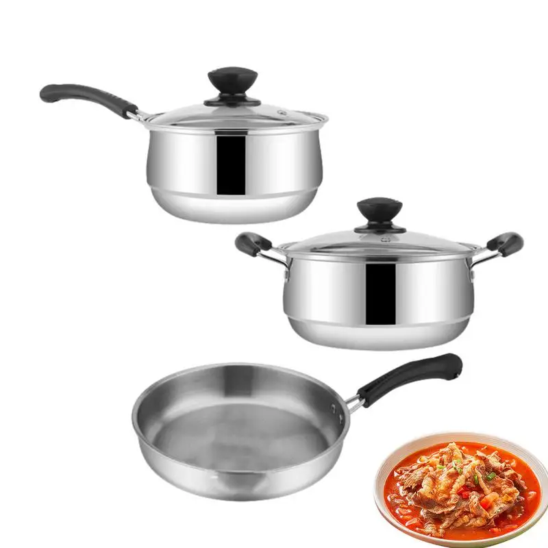 

Non Stick Pots & Pans Set 3pcs Frying Sauce Pans Set For Simmering Induction Cooker Gas Stove Travel Hiking Picnic BBQ Tableware