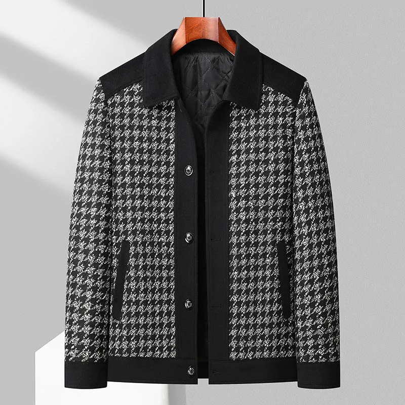

Autumn Winter Men Houndstooth Cashmere Jacket Black Gray Classical Thicken Quilted Woolen Blend Coat Male Outfits Timeless Style