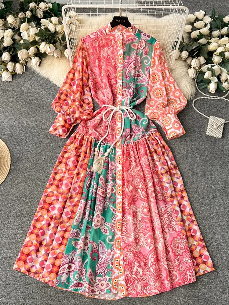 

Holiday Spring Dresses Women Vintage Patchwork Paisley Print Boho Dress Stand Collar Long Sleeve Tie Belt Elegant Long Dresses