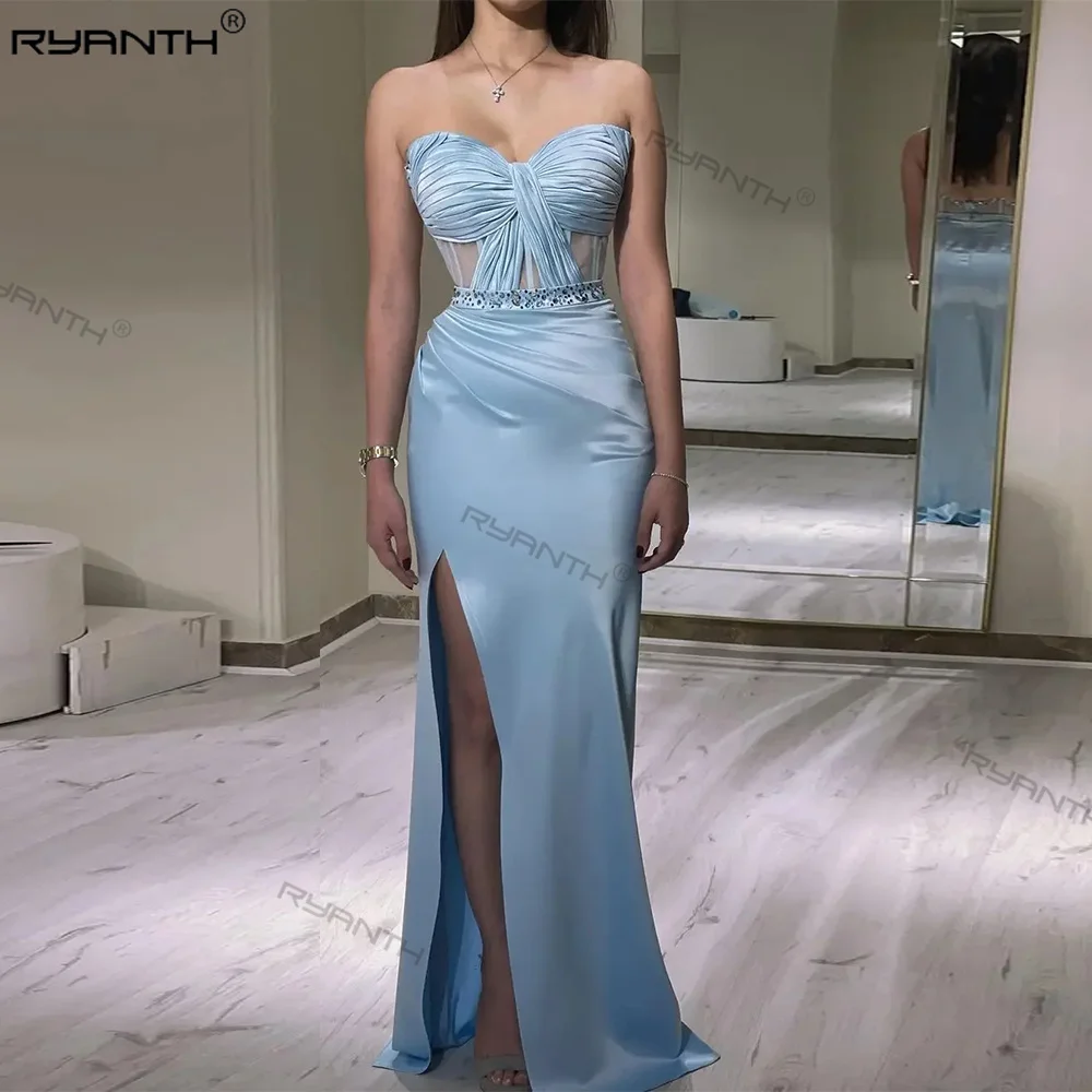 

Ryanth Sky Blue Prom Dresses Sweetheart Women's Evening Dress Beads Sleeveless Side Slit Formal Occasion Party Dress