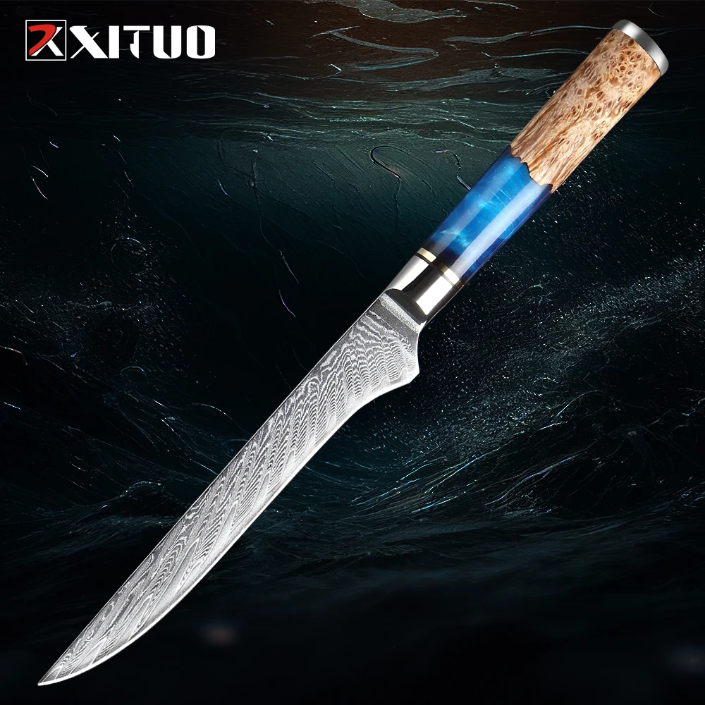 

Classic Boning Knife 5.5 inch Flexible Fillet Knives VG10 Damascus Super Steel Forged 67-Layers, Full Tang Wood&Resin Handle