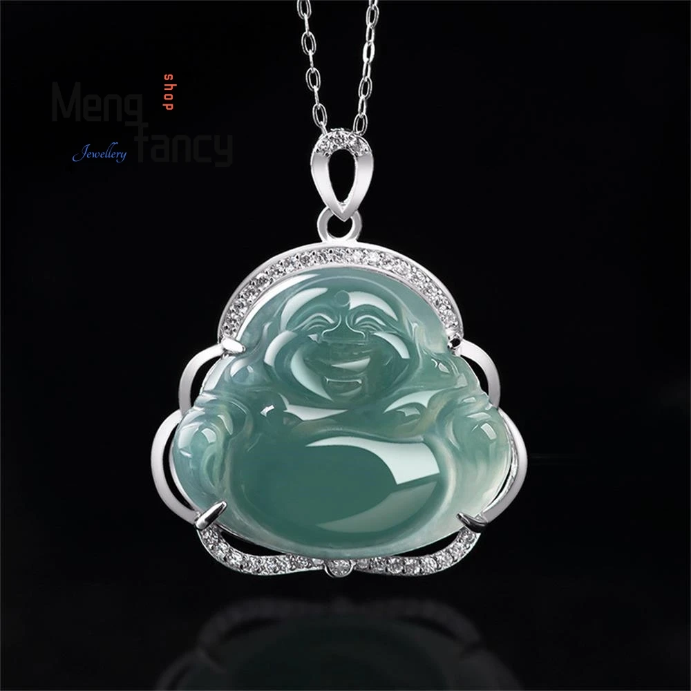 

Natural A-goods Jadeite Blue Water Buddha Maitreya Buddha Ice Jade Pendant S925 Silver Inlaid Necklace Fashion Luxury Jewelry