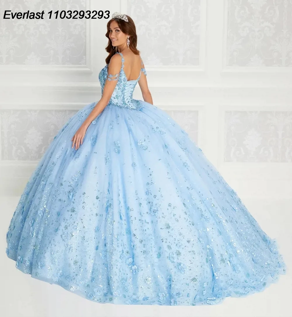 

EVLAST блестящее синее платье для Quinceanera бальное платье с аппликацией бисером кристаллами с открытыми плечами мексиканское милое 16 лет TQD215