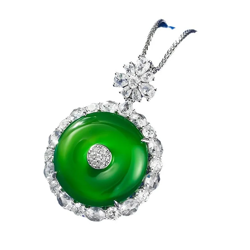 

S925 Silver Necklace Inlaid with Emerald Emperor Green Safety Buckle Pendant Green Chalcedony Necklace Adjustable