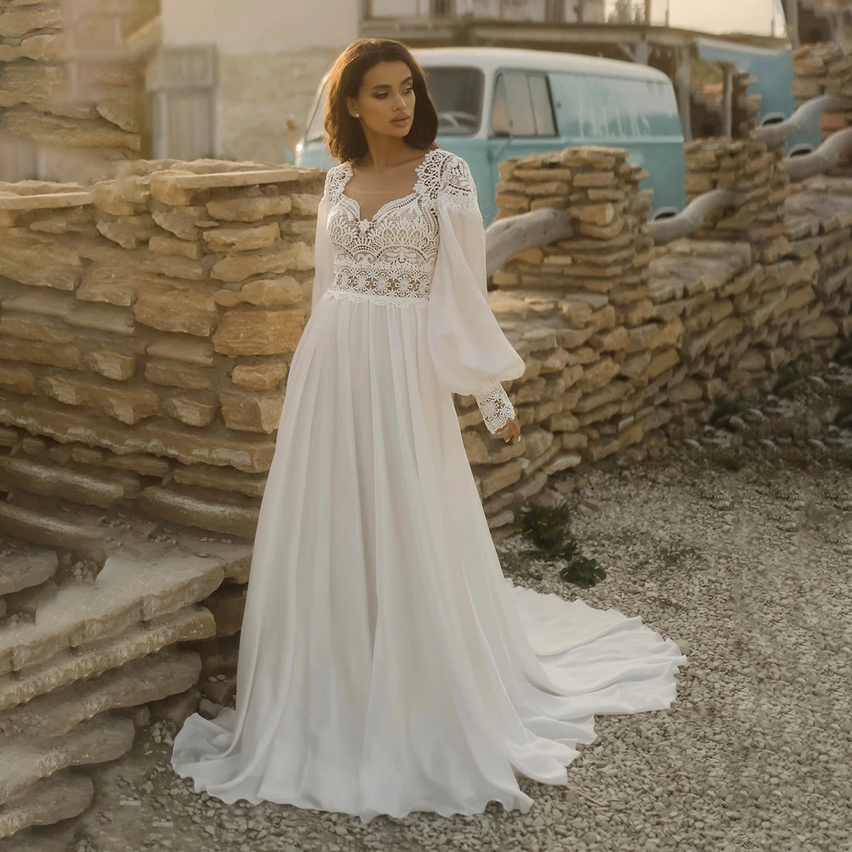 Long Bubble Sleeves A Line Pleated Chiffon Bridal Gowns Custom Made Buttons Boho Lace Sweetheart Hippie Elopement Wedding Dress
Long Bubble Sleeves A Line Pleated Chiffon Bridal Gowns Custom Made Buttons Boho Lace Sweetheart Hippie Elopement Wedding Dress