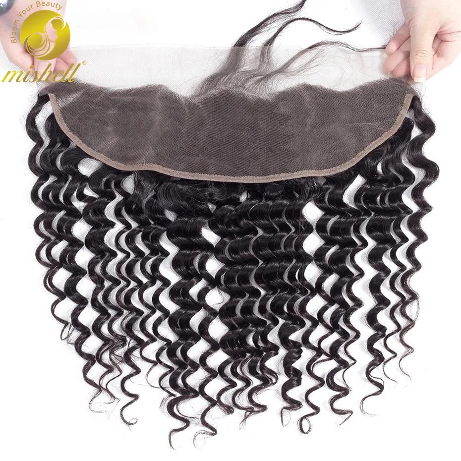 

13x4 Lace Frontal 18 20 Inch Deep Wave Natural Black Curly Frontal Only Remy Human Hair For Women PrePlucked Bleached Knots