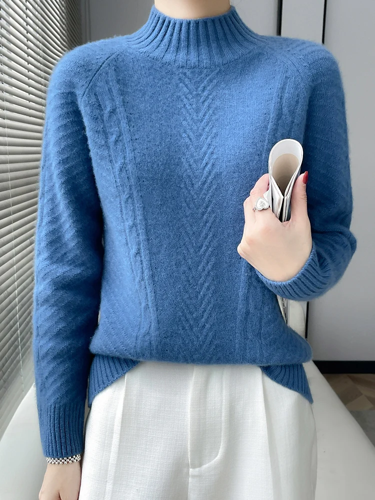 

Women Mock Neck Thick Pullover Sweater 100% Merino Wool Autumn Winter Twist Flower Cashmere Knitwear Korean Popular Clothes Tops