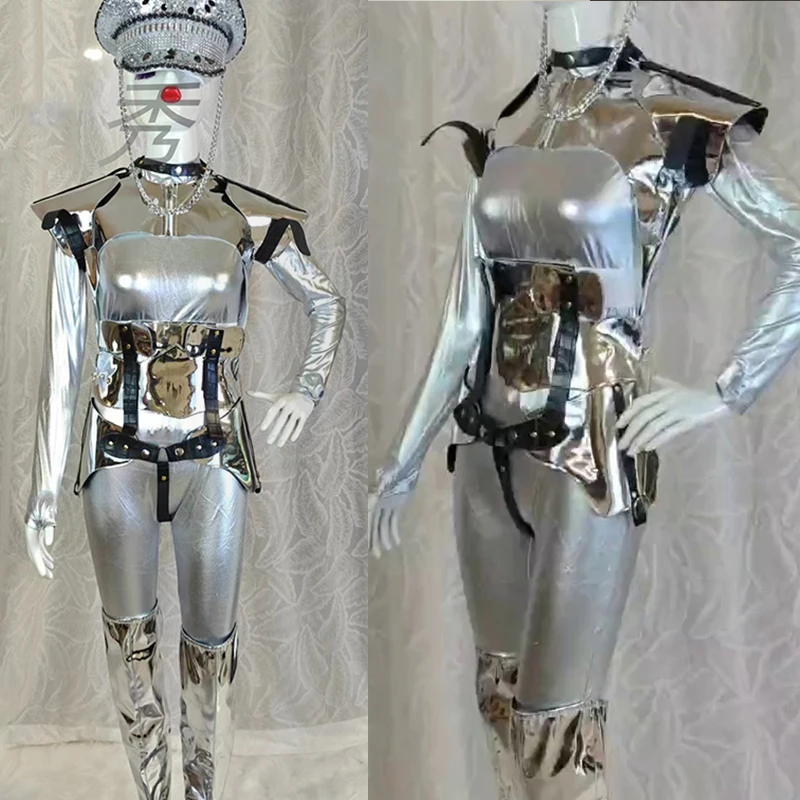 

Silvery Drag Queen Outfit Gogo Dance Clothing Stage Show Costume Female Bar Nightclub Wear Warrior Armor Technology Sense VDL270