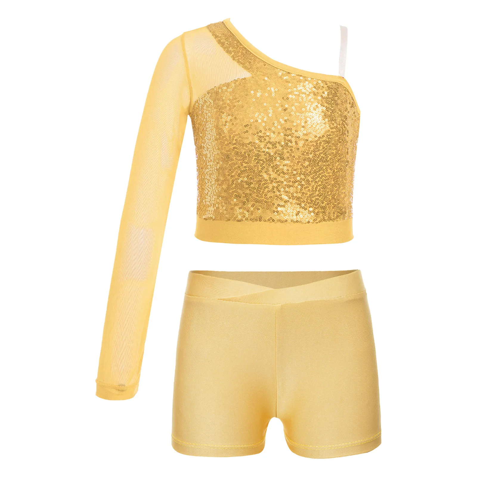 

Kids Girls Modern Jazz Dance Costume Sparkly Sequins Dance Top Sheer Mesh Long Sleeve Crop Top with Shorts Set Hip Hop Dancewear