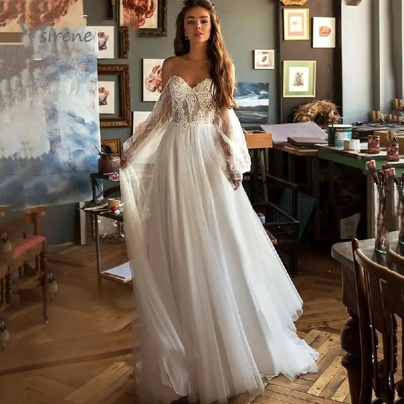 Bohemian Sweetheart Wedding Dress Applique A-Line Tulle Lace Illusion Back Long Sleeves Sweep Train Bridal Gown Vestido De Noiva
Bohemian Sweetheart Wedding Dress Applique A-Line Tulle Lace Illusion Back Long Sleeves Sweep Train Bridal Gown Vestido De Noiva