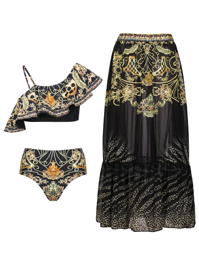 Vintage Gold Print Black Mystery Court One Shoulder Peplum Two-piece Style High Waisted Sexy Women's Bikini And Cover Up Women 
Vintage Gold Print Black Mystery Court One Shoulder Peplum Two-piece Style High Waisted Sexy Women's Bikini And Cover Up Women