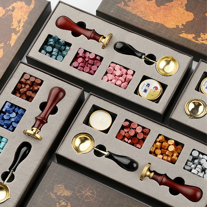 

6pcs/set DIY Wax Seal Map Gift Box Kit Detachable Stamp Spoon Set Sealing Beads Retro Wax Seal Wedding Packaging Gifts