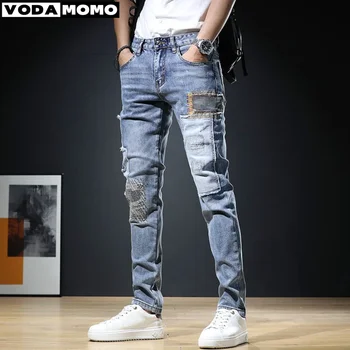 Calças Jeans Masculinas Slim Fit Biker com Zippers Decorativos: O Estilo Hip Hop Arrojado 7 2023 Men Stylish Ripped Jeans Pants Slim Straight Frayed Denim Clothes Men New Fashion Skinny Trousers Clothes Pantalones Hombre