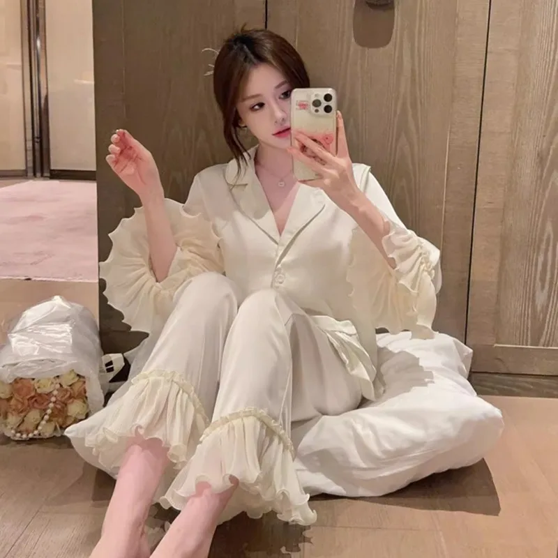 

Sweet Pajamas Women Spring Autumn Summer Ice Silk Long-sleeved Trousers Sex Appeal Can Be Worn Outside A Loungewear Set
